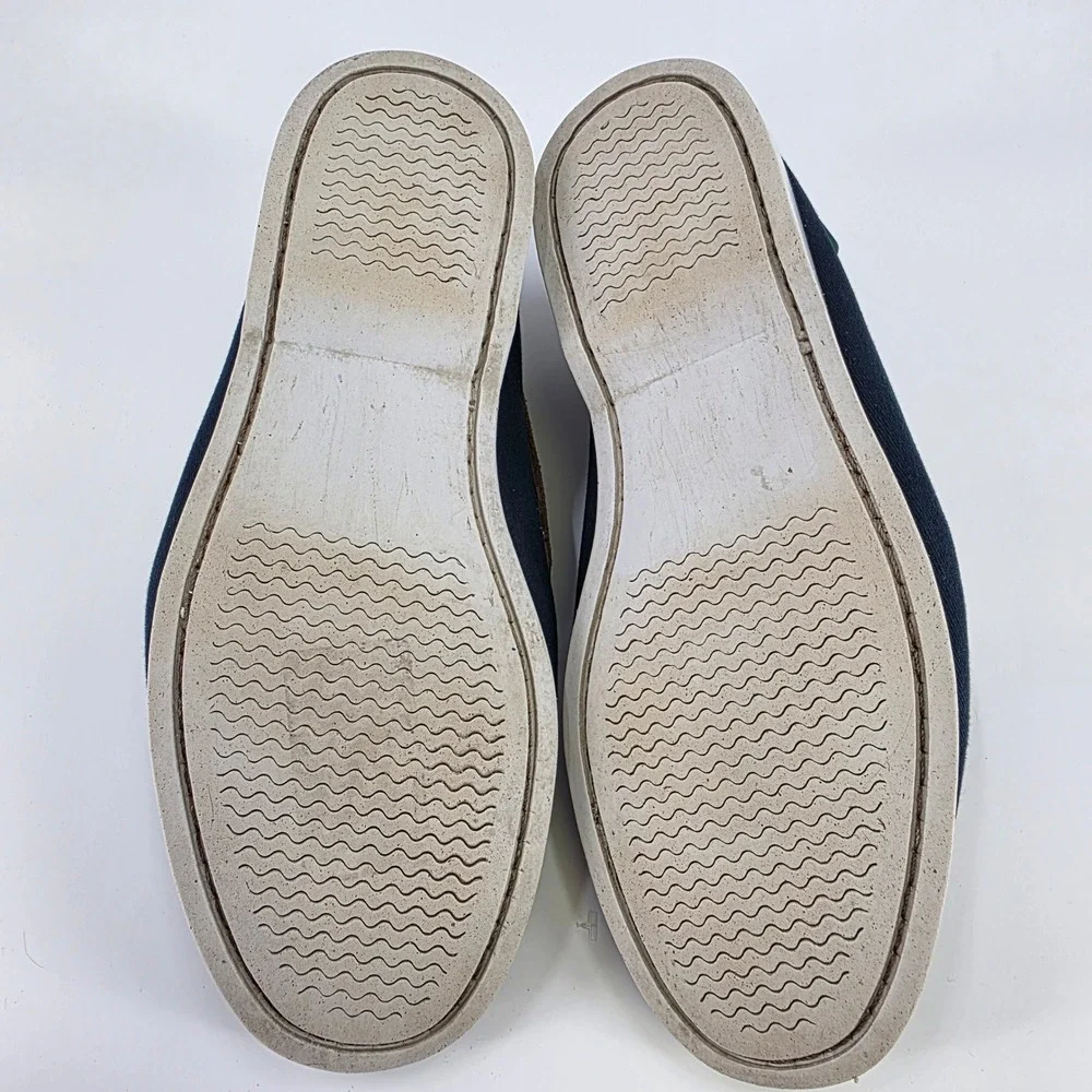 HITCHCOCK WIDE BOAT SHOES MENS SIZE 7 3E NAVY BLUE BROWN LEATHER CANVAS LACE UP